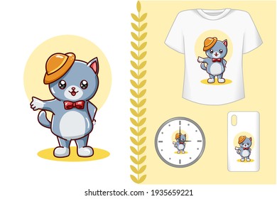 Mockup, cute cat wearing yellow hat illustration