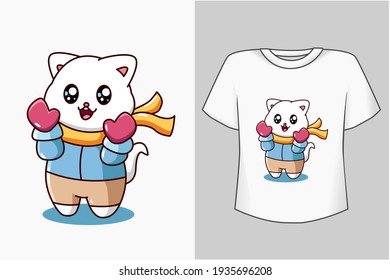 Mockup cute cat in winter cartoon illustration