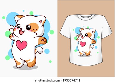 Mockup cute and funny little cat with heart cartoon illustration