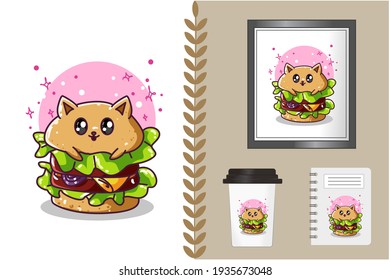 Mockup cute hamburger cartoon illustration