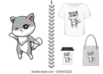 Mockup cute and happy cat cartoon illustration
