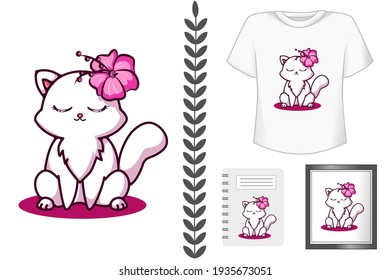 Mockup cute and happy cat with flower cartoon illustration