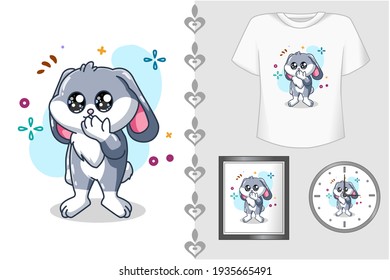 Mockup cute and happy gray rabbit cartoon illustration