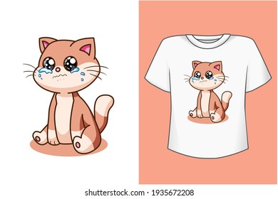 Mockup Cute Sad Cat Cartoon Illustration