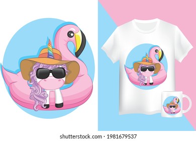 Mockup cute unicorn floats on a pink flamingo and