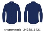 Mockup of dark blue long-sleeve button-up shirt front and back view