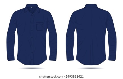 Mockup of dark blue long-sleeve button-up shirt front and back view