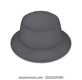 Mockup dark bucket hat with wide brim realistic vector illustration. Summer streetwear fashion accessory 3d model on white background