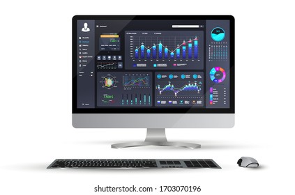 Mockup dashboard infographic with modern UI, GUI, design. Admin panel with graphics and diagrams with options and workflow graphs. Web App, finance graphs, pie chart and column diagrams. Vector