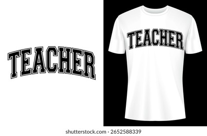Mockup design features a simple white tee with "TEACHER" printed in black block letters; great apparel for teachers, educators, or school employees.