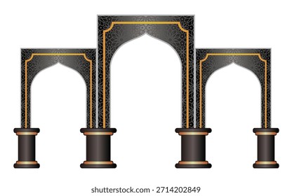 Diseño de la maqueta de la puerta islámica con la Imagen de Vector del ornamento del color del oro negro