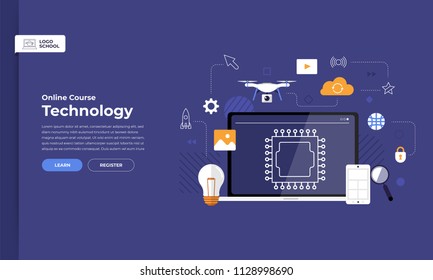 Mockup design landing page website education online course technology. Vector illustrations. Flat design element.