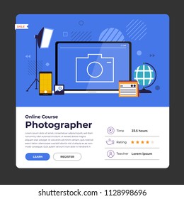 Mockup design landing page website education online course photography. Vector illustrations. Flat design element.