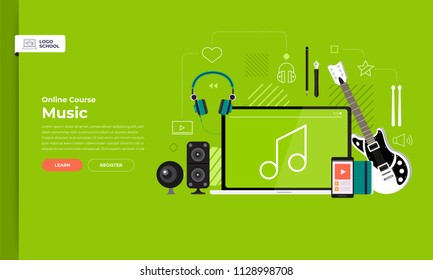 Mockup design landing page website education online course music. Vector illustrations. Flat design element.