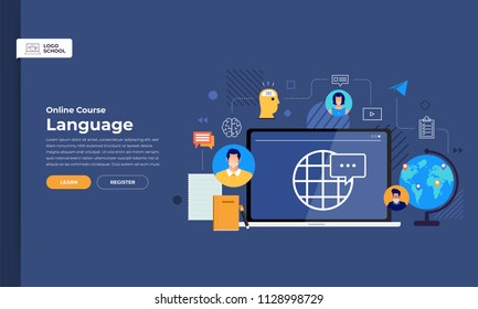 Mockup design landing page website education online course language. Vector illustrations. Flat design element.