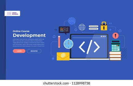 Mockup design landing page website education online course code development. Vector illustrations. Flat design element.