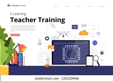 Mockup design landing page website education online course technology. Vector illustrations. Flat design element.