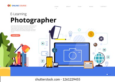 Mockup design landing page website education online course photographer. Vector illustrations. Flat design element.