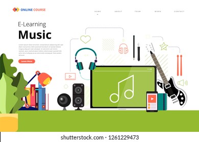 Mockup design landing page website education online course music. Vector illustrations. Flat design element.
