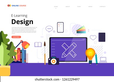 Mockup design landing page website education online course design. Vector illustrations. Flat design element.