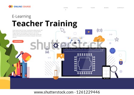 Mockup design landing page website education online course technology. Vector illustrations. Flat design element.