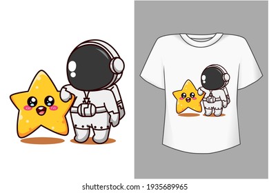 Mockup design t-shirt,cute astronaut with star cartoon illustration