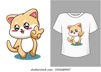 Mockup design t-shirt,cute pose cat cartoon illustration