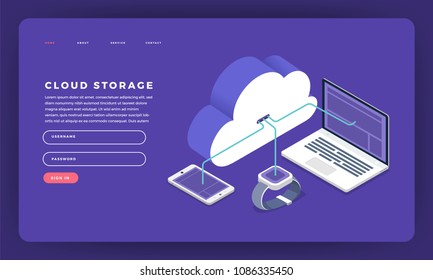 Mock-up design website flat design concept cloud computing technology users network configuration isometric. Vector illustration.