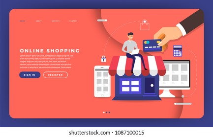 Mock-up design website flat design concept online shopping with laptop and smartphone online payment method. Vector illustration.