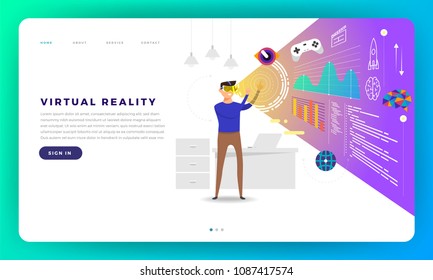 Mock-up design website flat design concept virtual Reality platform (VR). The man standup with VR Glasses play content inside. Vector illustration.