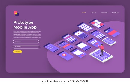 Mock-up design website flat design concept landing page prototype mobile application wireframe screen on smartphone. Vector illustration.