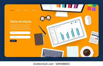 Mock-up design website flat design concept digital marketing data analysis with graph chart. Vector illustration.