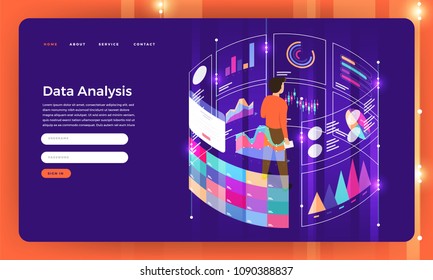 Mock-up design website flat design concept digital marketing data analysis with graph chart. Vector illustration.