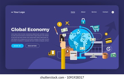 Mock-up Design Website Flat Design Concept Digital Marketing. Global Economy.  Vector Illustration.