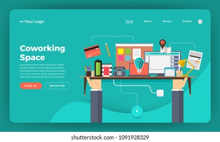 Mock-up design website flat design concept digital marketing. Coworking space center.  Vector illustration.