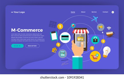 Mock-up design website flat design concept digital marketing. M-commerce mobile shopping.  Vector illustration.