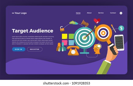 Mock-up design website flat design concept digital marketing. Target Audience.  Vector illustration.