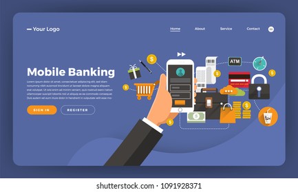 Mock-up design website flat design concept digital marketing. Mobile banking.  Vector illustration.