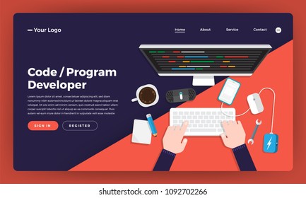 Mock-up design website flat design concept coding and programming developer.  Vector illustration.