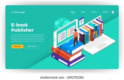 Mock-up design website flat design concept E-book, e-learning, digital education.  Vector illustration.