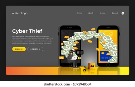 Mock-up design website flat design concept hacker activity cybercrime and cyber thief.  Vector illustration.