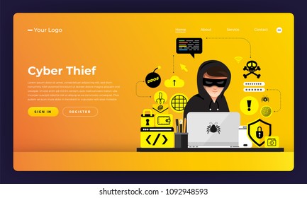 Mock-up design website flat design concept hacker activity cybercrime and cyber thief.  Vector illustration.