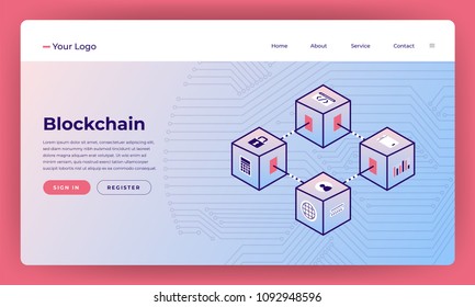 Mock-up design website flat design concept blockchain and cryptocurrency.  Vector illustration.