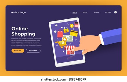 Mock-up design website flat design concept online shopping.  Vector illustration.