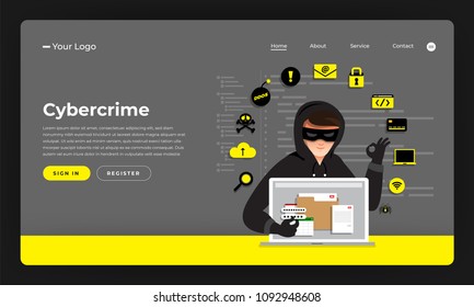 Mock-up design website flat design concept hacker activity cybercrime and cyber thief.  Vector illustration.
