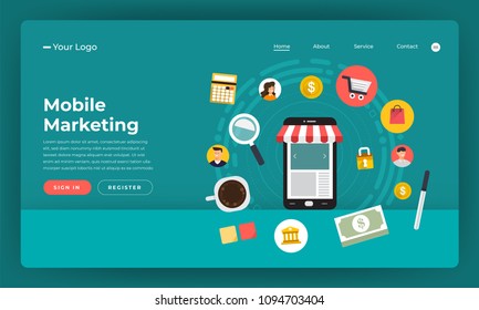 Mock-up design website flat design concept digital marketing. Mobile marketing.  Vector illustration.