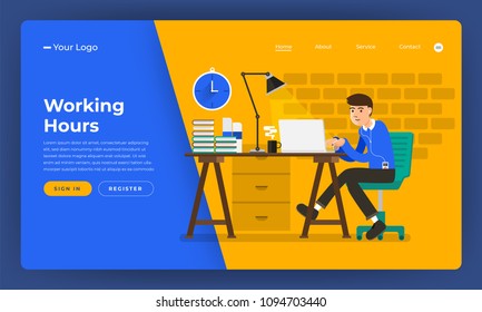 Mock-up design website flat design concept working hours worker in office place.  Vector illustration.