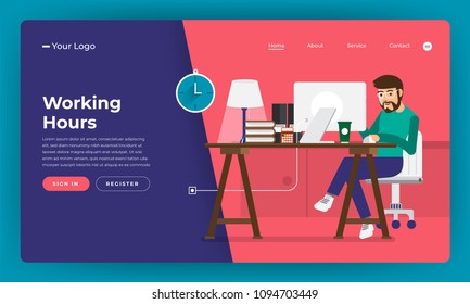 Mock-up design website flat design concept working hours worker in office place.  Vector illustration.