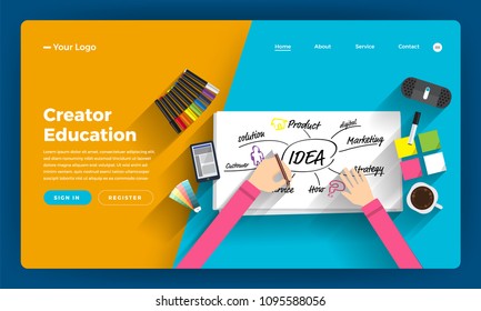 Mock-up design website flat design concept online course about thining and creative writer. Vector illustration.