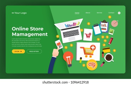 Mock-up design website flat design concept online store management.  Vector illustration.